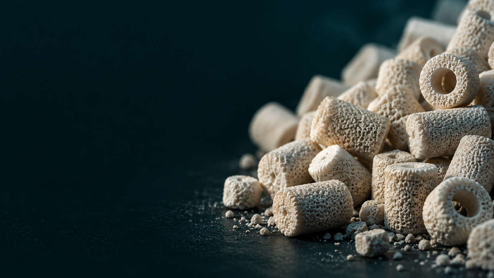 Illustration of pale porous catalyst granules on a dark background